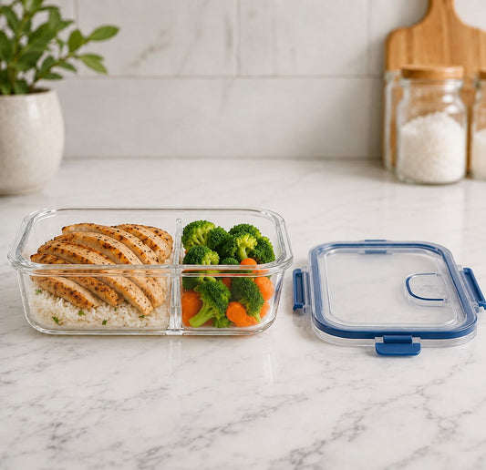 CP Premium Glass Lunch Box with Divider | Airtight Leakproof Food Storage Container | Microwave, Oven, Freezer & Dishwasher Safe | Borosilicate Glass | Set of 1