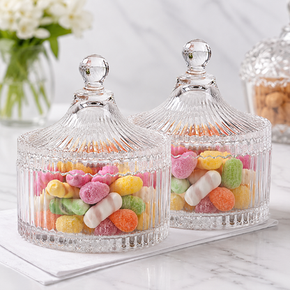 Premium Crystal Candy Jar with Lid | 250 ML Decorative Glass Candy  | Crystal Candy for Chocolates, Cookies, Dry Fruits  | Set of 1
