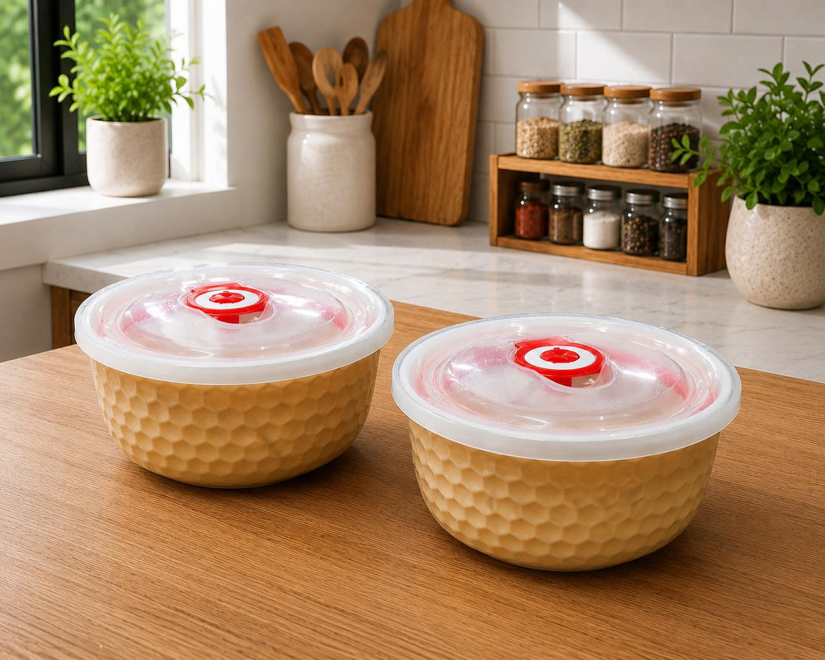 Premium Ceramic Container Set with Vacuum Airtight Lids | Set of 2 (500ml Each) | Food Storage Bowls for Salad, Snacks & Leftovers