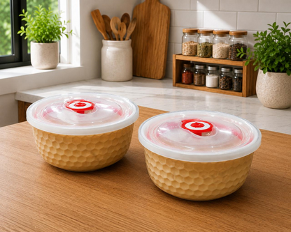 Premium Ceramic Container Set with Vacuum Airtight Lids | Set of 2 (500ml Each) | Food Storage Bowls for Salad, Snacks & Leftovers