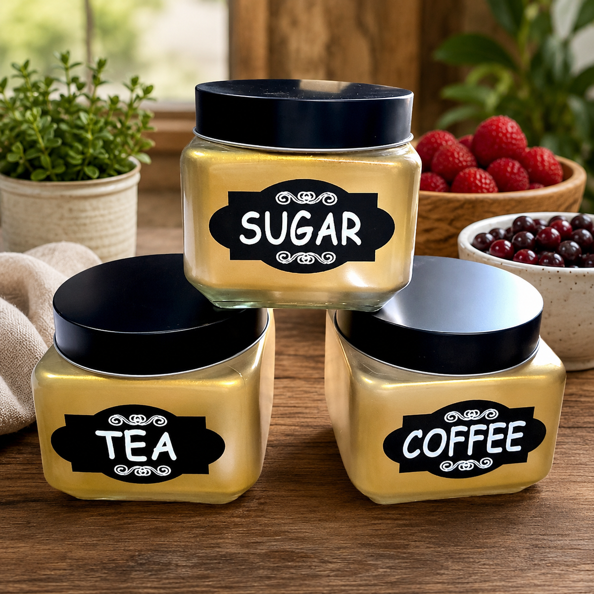 3-Piece Tea Coffee Sugar Storage canister Set with Airtight Black Lids | Premium Kitchen Countertop Canisters , 800 ml each jar