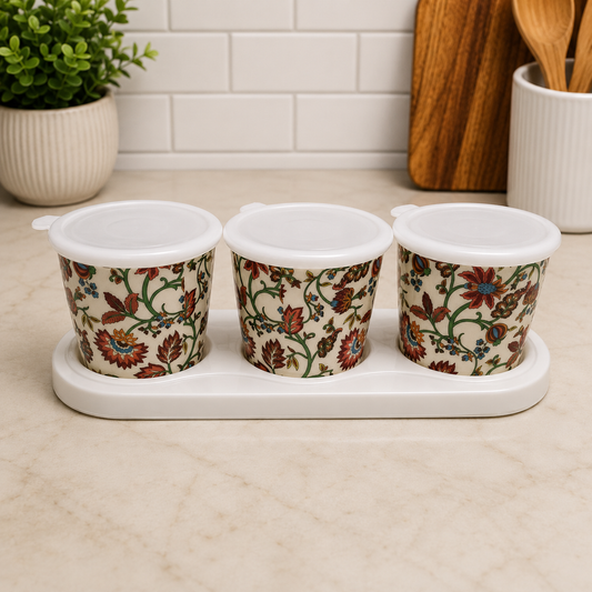 CP Premium Melamine Printed Storage Container Set with Tray | Set of 3 Containers with Lids | Multipurpose Kitchen Storage for Dry Fruits, Snacks, Pickles & Condiments