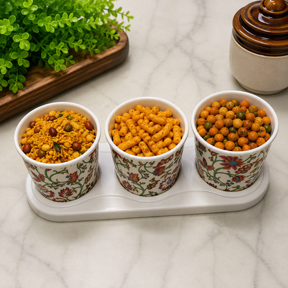 CP Premium Melamine Printed Storage Container Set with Tray | Set of 3 Containers with Lids | Multipurpose Kitchen Storage for Dry Fruits, Snacks, Pickles & Condiments