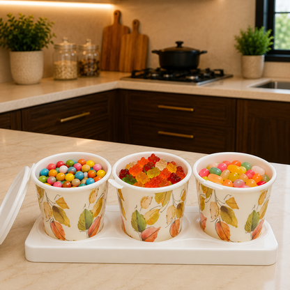CP Premium Melamine Printed Storage Container Set with Tray | Set of 3 Containers with Lids | Multipurpose Kitchen Storage for Dry Fruits, Snacks, Pickles & Candy