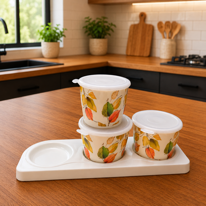 CP Premium Melamine Printed Storage Container Set with Tray | Set of 3 Containers with Lids | Multipurpose Kitchen Storage for Dry Fruits, Snacks, Pickles & Candy