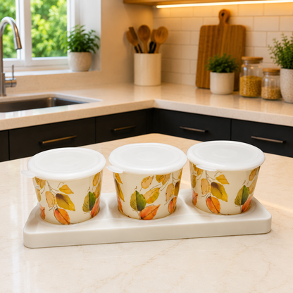 CP Premium Melamine Printed Storage Container Set with Tray | Set of 3 Containers with Lids | Multipurpose Kitchen Storage for Dry Fruits, Snacks, Pickles & Candy