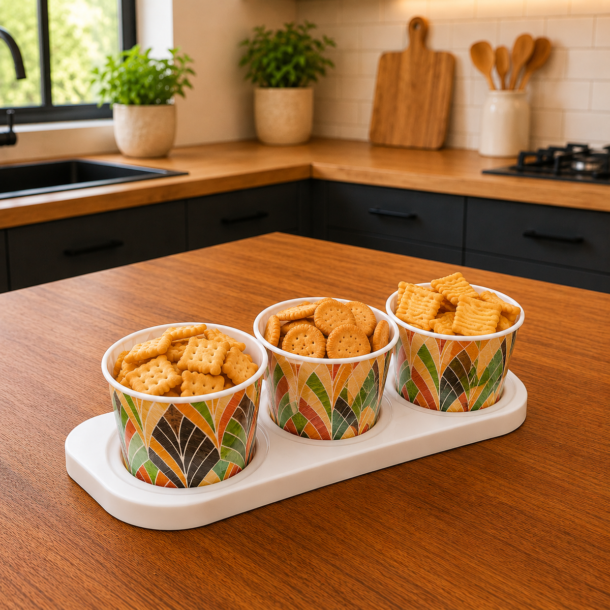 CP Premium Melamine Storage Container Set with Tray | Set of 3 Printed Containers with Lids | Multipurpose Kitchen Storage for Dry Fruits, Snacks, Cookies, Pickles & Candy |