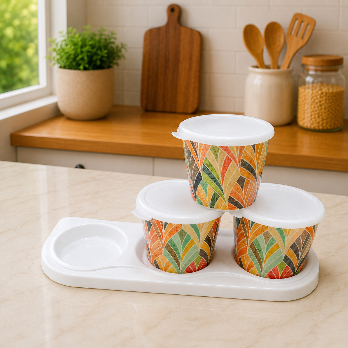 CP Premium Melamine Storage Container Set with Tray | Set of 3 Printed Containers with Lids | Multipurpose Kitchen Storage for Dry Fruits, Snacks, Cookies, Pickles & Candy |