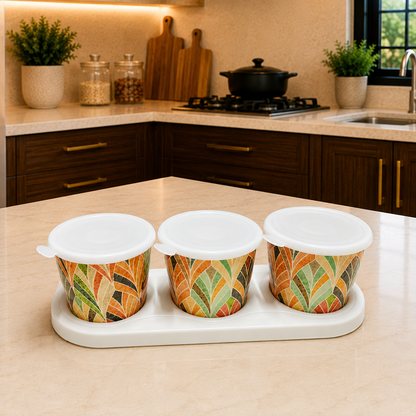 CP Premium Melamine Storage Container Set with Tray | Set of 3 Printed Containers with Lids | Multipurpose Kitchen Storage for Dry Fruits, Snacks, Cookies, Pickles & Candy |