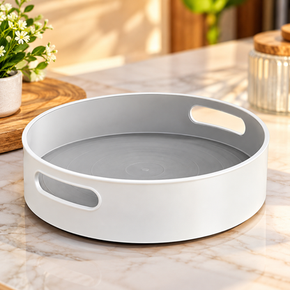 Premium Round 360° Rotating Organizer Tray – 1 Pc | Elegant White & Grey Multipurpose Serving Tray with Handles