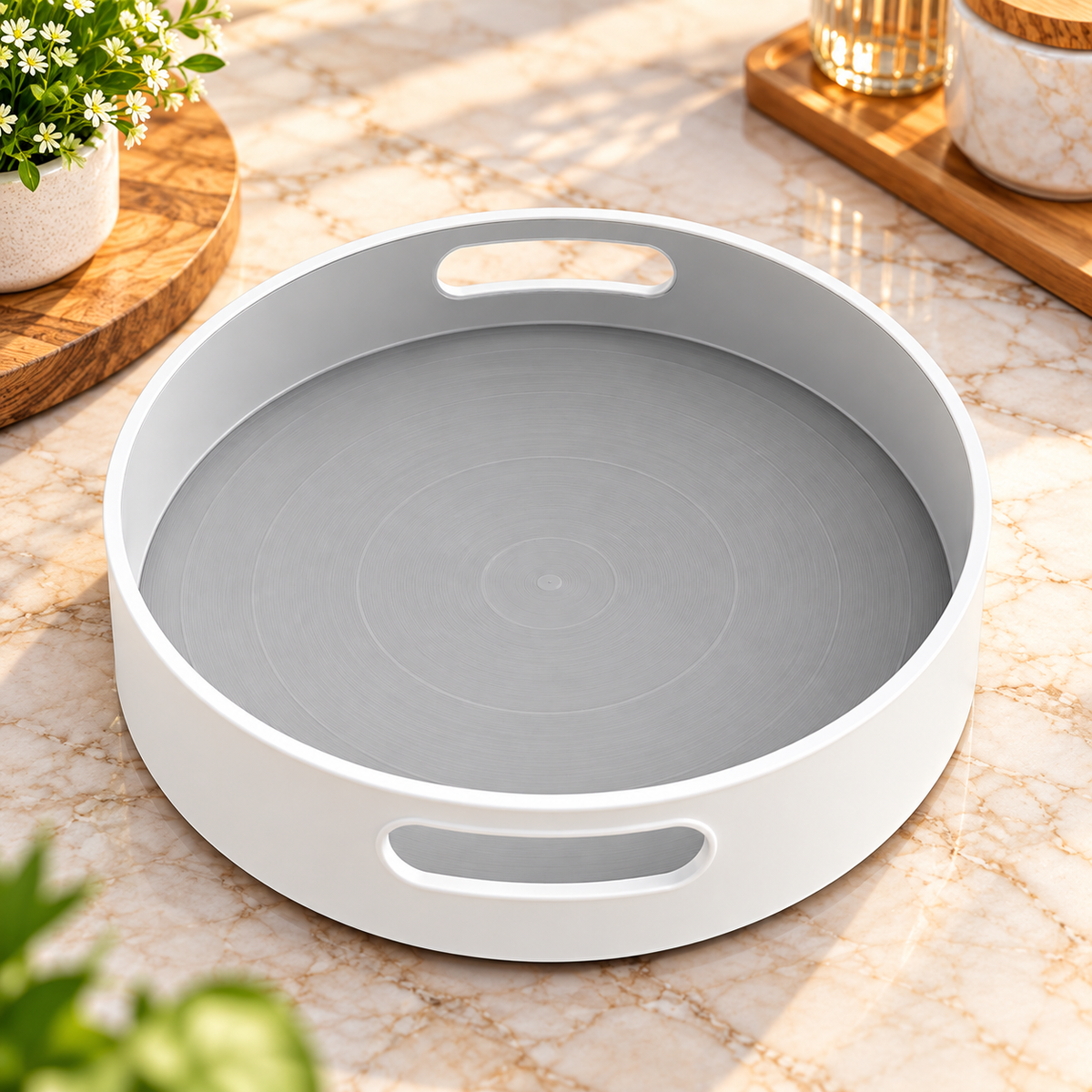 Premium Round 360° Rotating Organizer Tray – 1 Pc | Elegant White & Grey Multipurpose Serving Tray with Handles