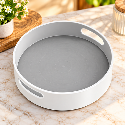 Premium Round 360° Rotating Organizer Tray – 1 Pc | Elegant White & Grey Multipurpose Serving Tray with Handles