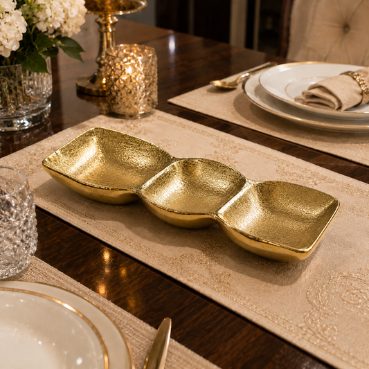 Luxury Golden 3-Section Serving Platter | Elegant Snack & Dry Fruit Server