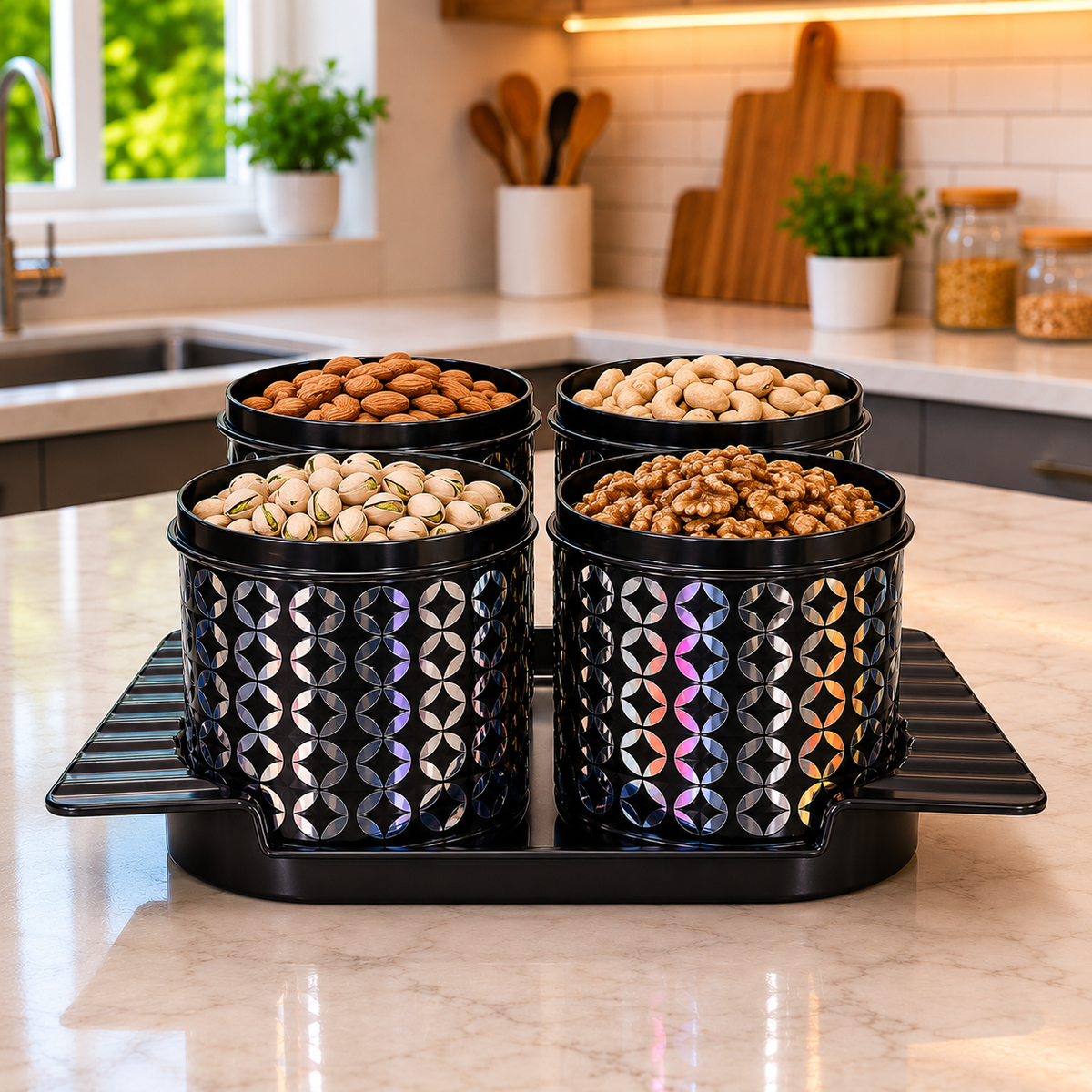 Premium Plastic Storage Container Set with Tray | Set of 4 Containers with Lids | Multipurpose Kitchen Storage for Dry Fruits, Snacks, Cookies & Candy