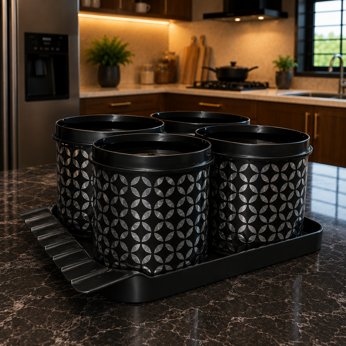 Premium Plastic Storage Container Set with Tray | Set of 4 Containers with Lids | Multipurpose Kitchen Storage for Dry Fruits, Snacks, Cookies & Candy