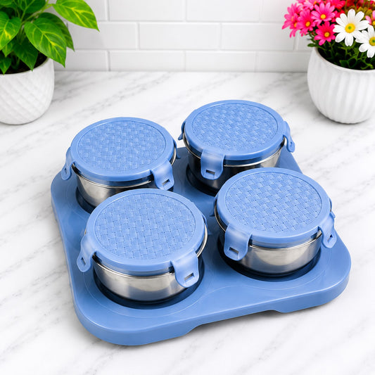 Premium Stainless Steel Container Set with Tray | Set of 4 Airtight Food Storage Containers for Snacks, Dry Fruits, Pickles & Kitchen Organization