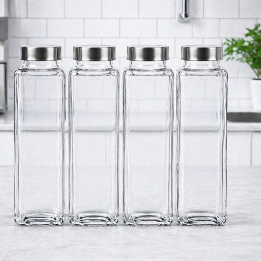 Premium Square Glass Water Bottle Set – 4 Pcs | Transparent Fridge Bottles with Stainless Steel Lids