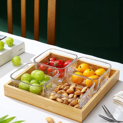 Cp Wooden Tray with Glass Bowls Set of 4 Pcs for Serving Dry Fruit,Mouth Freshener, Mukhwas, Bowl with Wooden Tray