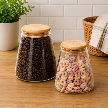 CP Premium Glass Storage Container Set of 2 | 950 ml Each | Airtight Bamboo Wooden Lid | Multipurpose Kitchen Storage Jars for Coffee, Tea, Sugar, Snacks & Dry Fruits