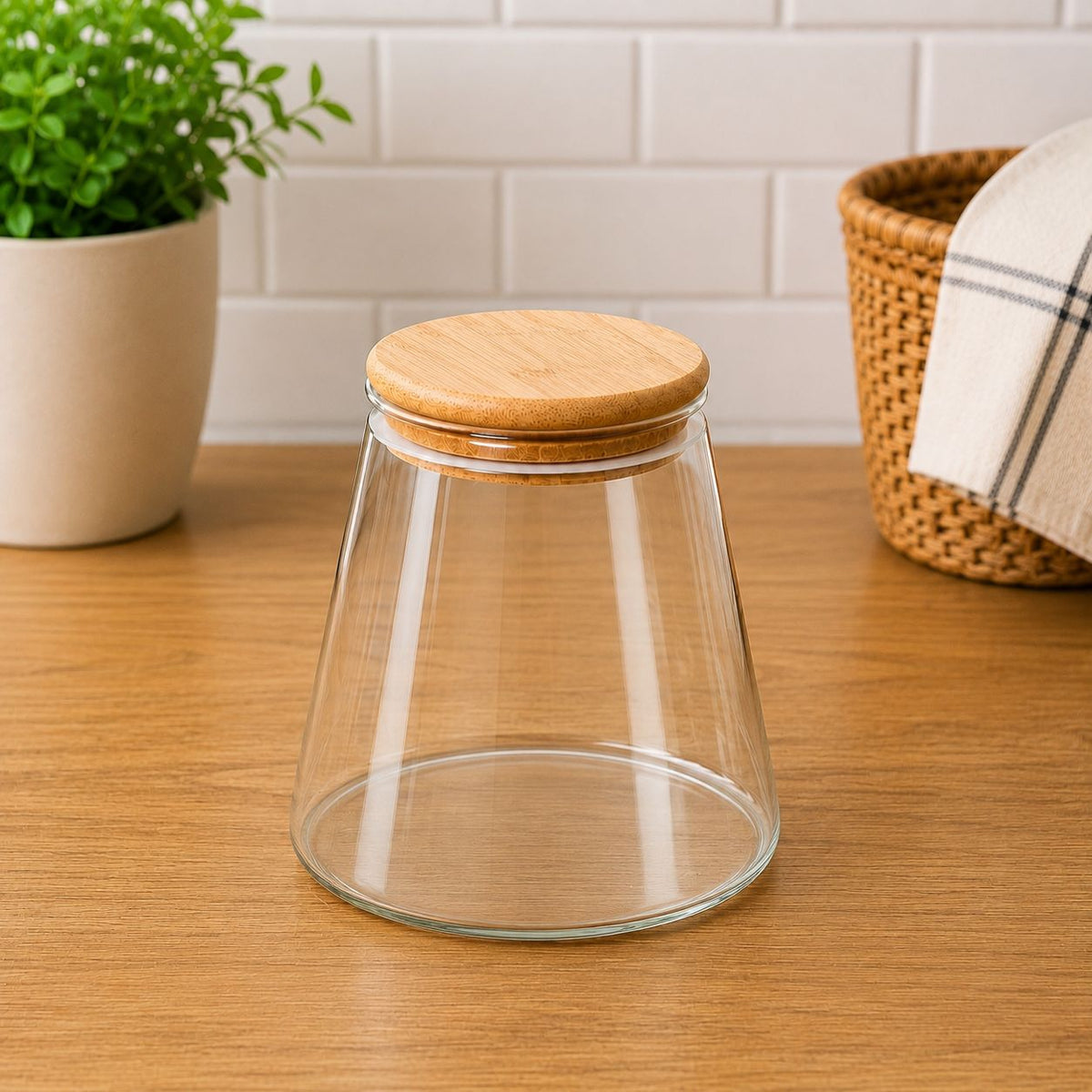 CP Premium Glass Storage Container Set of 2 | 950 ml Each | Airtight Bamboo Wooden Lid | Multipurpose Kitchen Storage Jars for Coffee, Tea, Sugar, Snacks & Dry Fruits