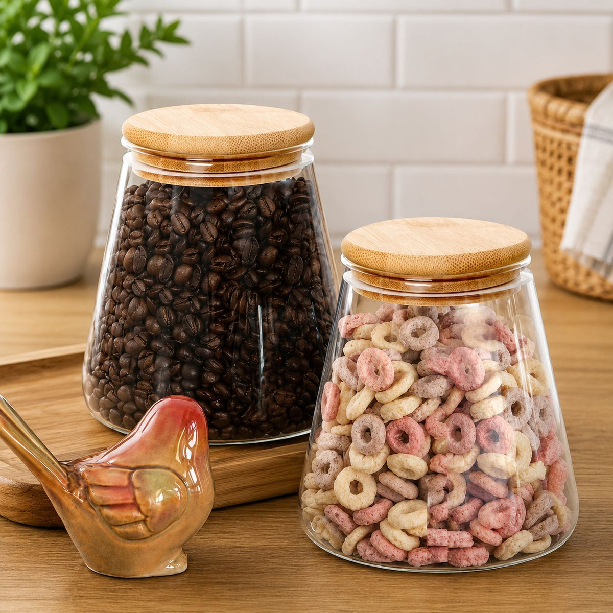 CP Premium Glass Storage Container Set of 2 | 950 ml Each | Airtight Bamboo Wooden Lid | Multipurpose Kitchen Storage Jars for Coffee, Tea, Sugar, Snacks & Dry Fruits