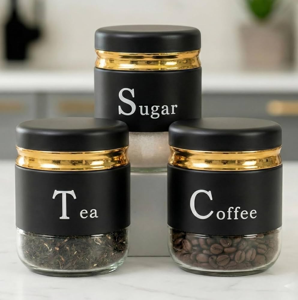 CP Tea Coffee Sugar Container Set of 3 | Premium Glass Kitchen Storage Jars with Airtight Lids | Black & Gold Canister Set | Kitchen Organizer for Tea, Coffee, Sugar, Dry Fruits, Snacks & Spices |