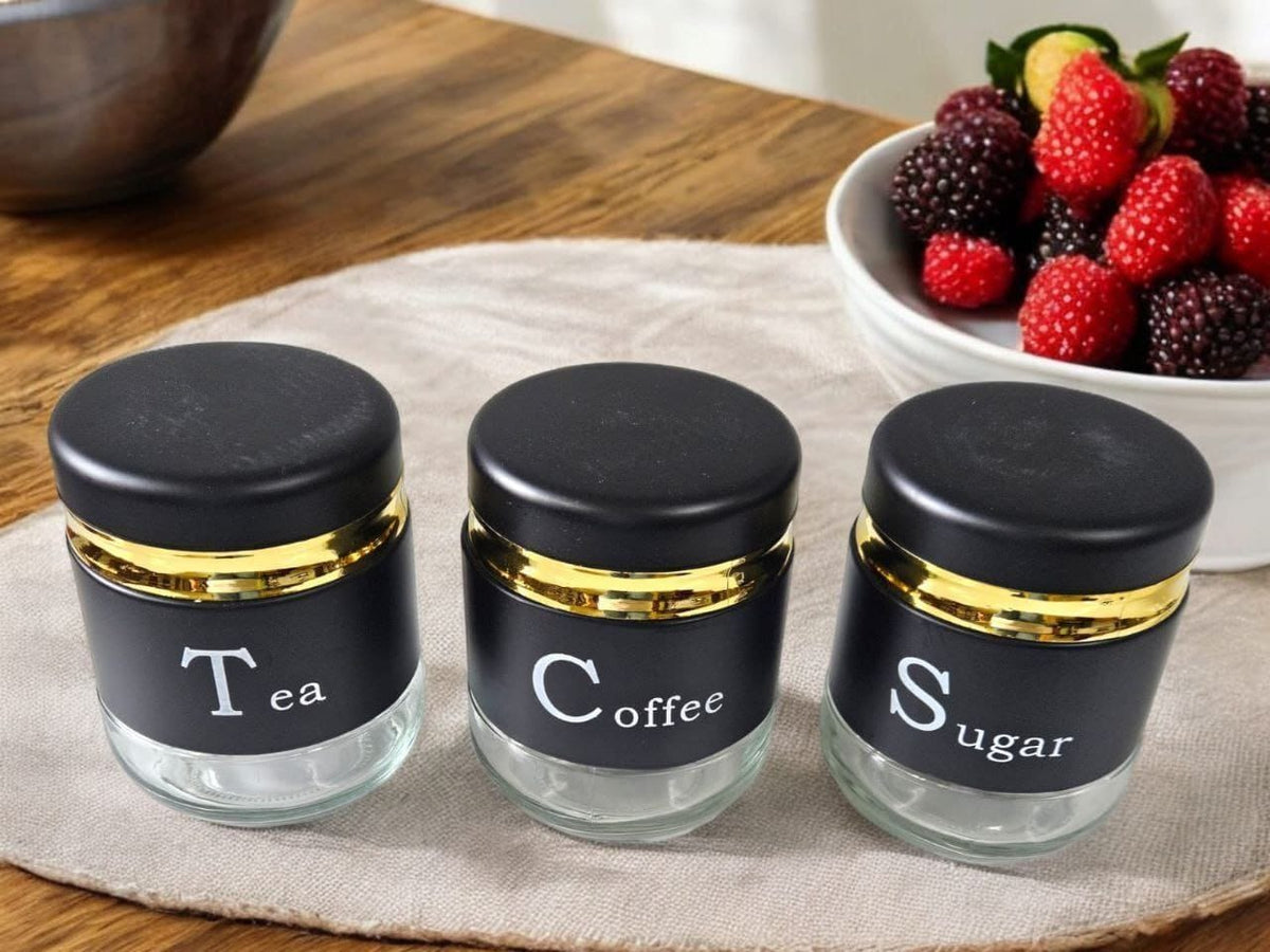CP Tea Coffee Sugar Container Set of 3 | Premium Glass Kitchen Storage Jars with Airtight Lids | Black & Gold Canister Set | Kitchen Organizer for Tea, Coffee, Sugar, Dry Fruits, Snacks & Spices |