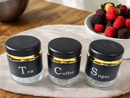 CP Tea Coffee Sugar Container Set of 3 | Premium Glass Kitchen Storage Jars with Airtight Lids | Black & Gold Canister Set | Kitchen Organizer for Tea, Coffee, Sugar, Dry Fruits, Snacks & Spices |
