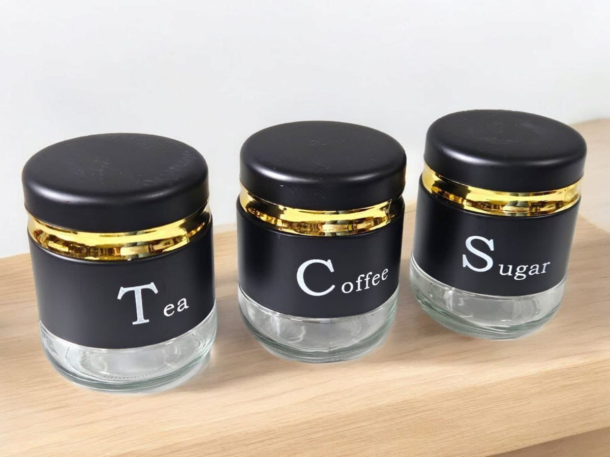 CP Tea Coffee Sugar Container Set of 3 | Premium Glass Kitchen Storage Jars with Airtight Lids | Black & Gold Canister Set | Kitchen Organizer for Tea, Coffee, Sugar, Dry Fruits, Snacks & Spices |