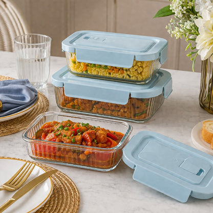 CP Glass Food Storage Container Set with Airtight Lids – 3 Pc Set (1000ml, 500ml & 250ml) | Microwave, Freezer & Dishwasher Safe