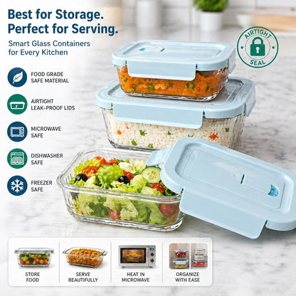 CP Glass Food Storage Container Set with Airtight Lids – 3 Pc Set (1000ml, 500ml & 250ml) | Microwave, Freezer & Dishwasher Safe