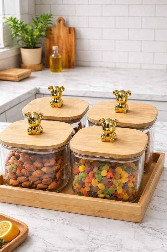 CP Crockery Glass Storage Jar Set of 4 with Wooden Tray, 300ml Each, Premium Kitchen Containers for Dry Fruits, Candy, Snacks & Spices