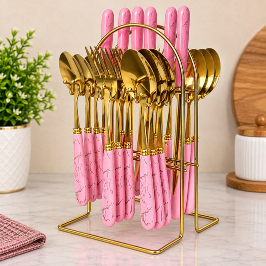 24 Piece Luxury Gold Cutlery Set with Pink Marble Design Handles & Stand
