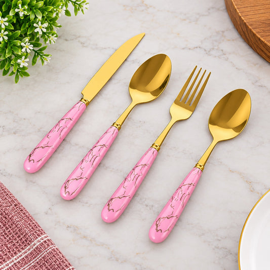 24 Piece Luxury Gold Cutlery Set with Pink Marble Design Handles & Stand