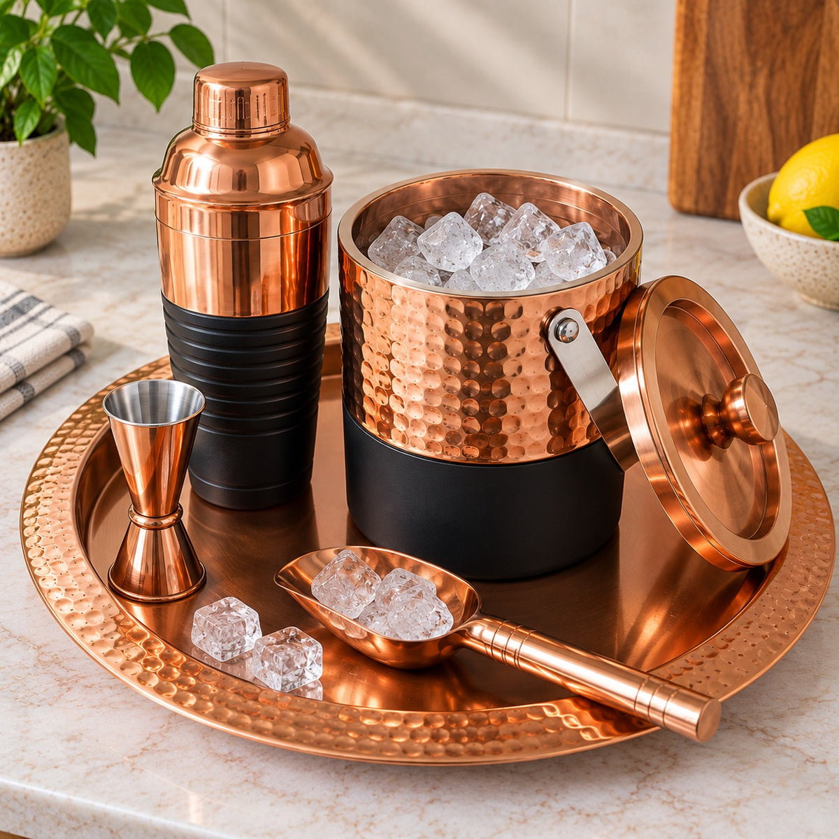 Copper-Finish Bar Set – 5 Piece Cocktail & Ice Serving Set