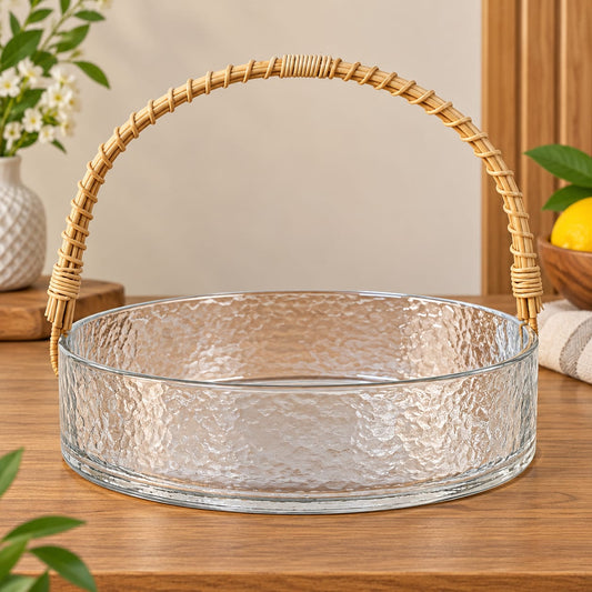 Textured Glass Fruit Basket with Natural Woven Handle