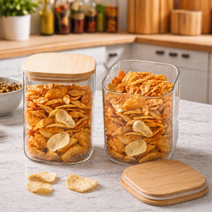 CP Crockery Premium 1050 ML Square Glass Storage Container Set of 2 with Wooden Lid, Multipurpose Kitchen Containers for Dry Fruits, Namkeen, Tea, Coffee, Cookies, Snacks & Pantry Storage
