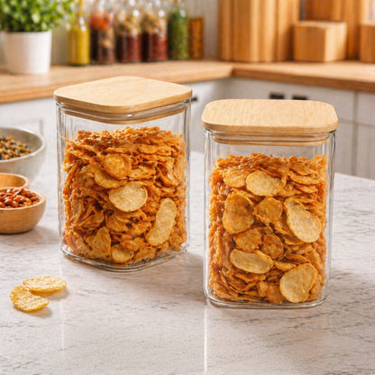 CP Crockery Premium 1050 ML Square Glass Storage Container Set of 2 with Wooden Lid, Multipurpose Kitchen Containers for Dry Fruits, Namkeen, Tea, Coffee, Cookies, Snacks & Pantry Storage