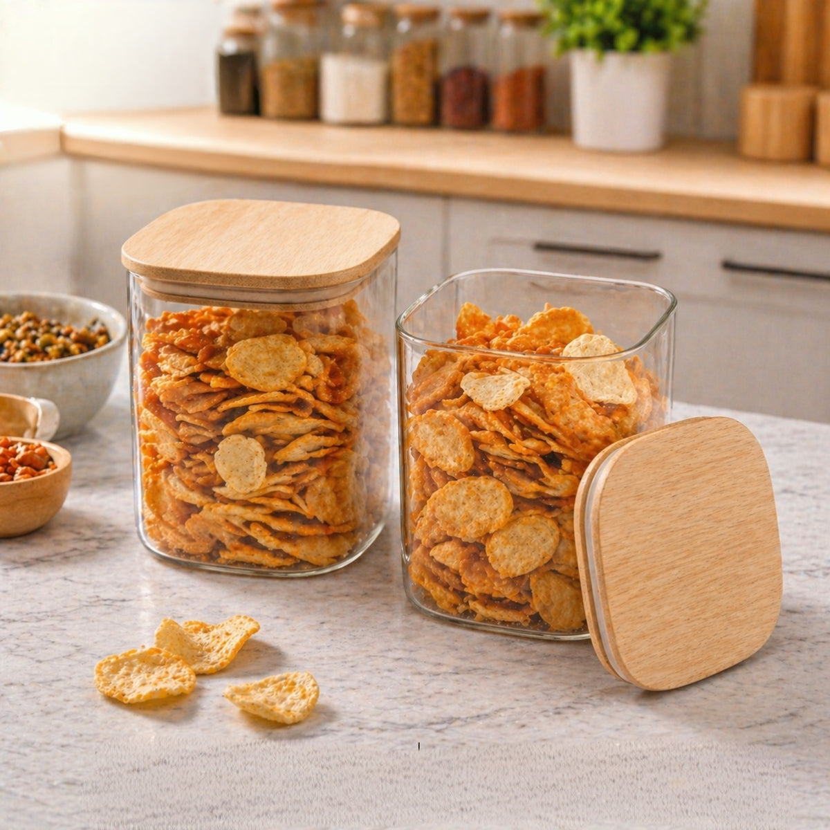 CP Crockery Premium 1050 ML Square Glass Storage Container Set of 2 with Wooden Lid, Multipurpose Kitchen Containers for Dry Fruits, Namkeen, Tea, Coffee, Cookies, Snacks & Pantry Storage