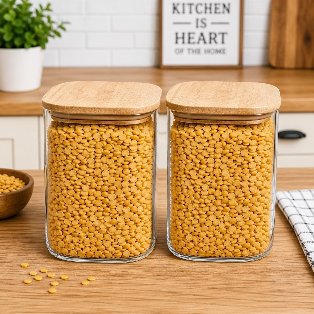CP Crockery Premium 1050 ML Square Glass Storage Container Set of 2 with Wooden Lid, Multipurpose Kitchen Containers for Dry Fruits, Namkeen, Tea, Coffee, Cookies, Snacks & Pantry Storage