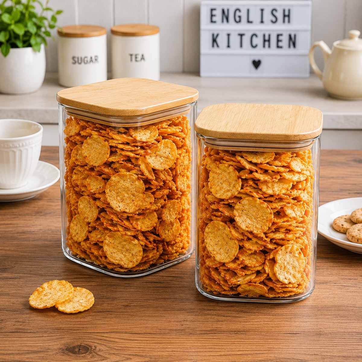 CP Crockery Premium 1050 ML Square Glass Storage Container Set of 2 with Wooden Lid, Multipurpose Kitchen Containers for Dry Fruits, Namkeen, Tea, Coffee, Cookies, Snacks & Pantry Storage