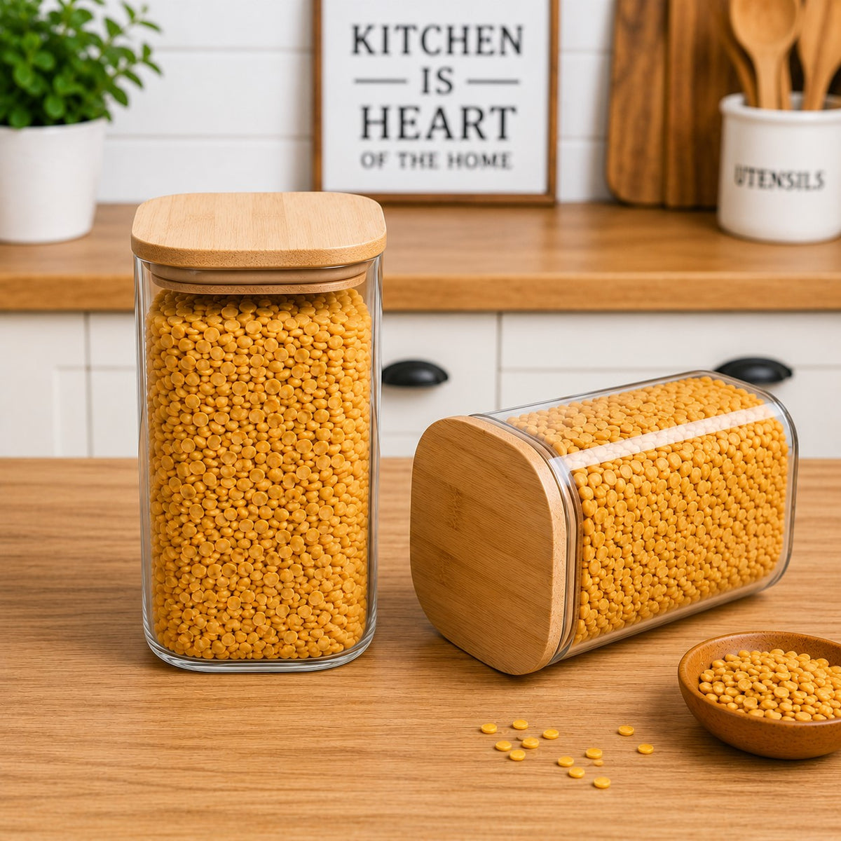 CP Crockery Premium 1050 ML Square Glass Storage Container Set of 2 with Wooden Lid, Multipurpose Kitchen Containers for Dry Fruits, Namkeen, Tea, Coffee, Cookies, Snacks & Pantry Storage