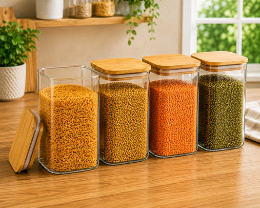 4 Piece Glass Storage Container Set (1050 ML Each) with Wooden Lid, Square Food Storage Jars for Kitchen Pantry, Cereals, Dry Fruits, Cookies, Pasta & Snacks
