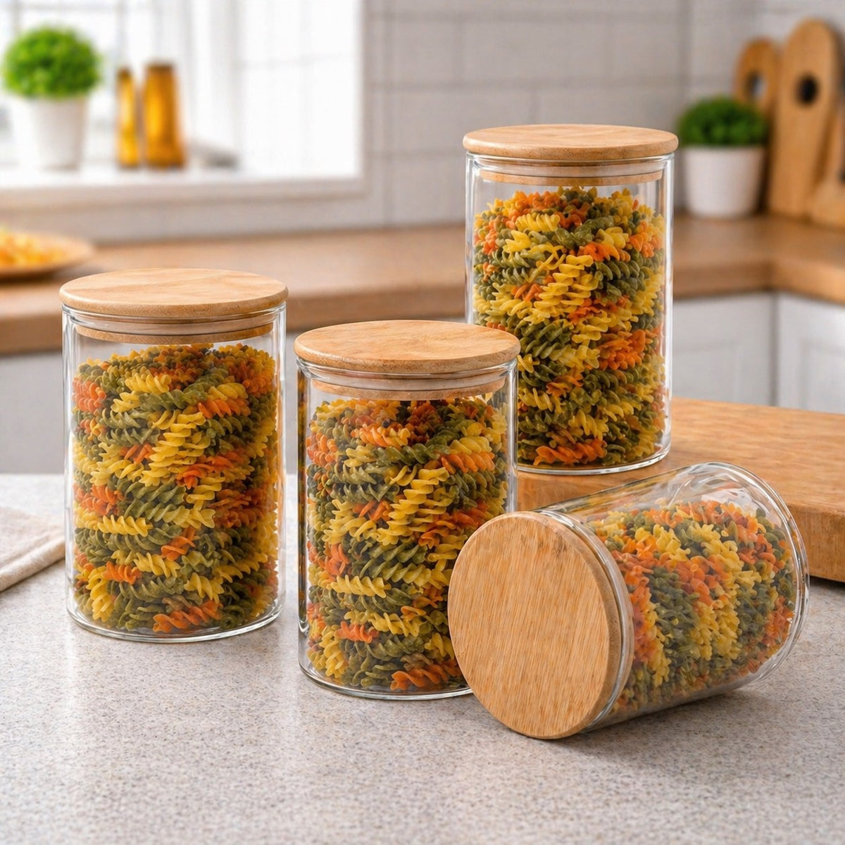 CP Glass Storage Containers Set of 4, 1050ML Each, Transparent Glass Kitchen Storage Jars with Lids, Pantry Organizer for Pasta, Cereals, Snacks, Pulses & Dry Fruits