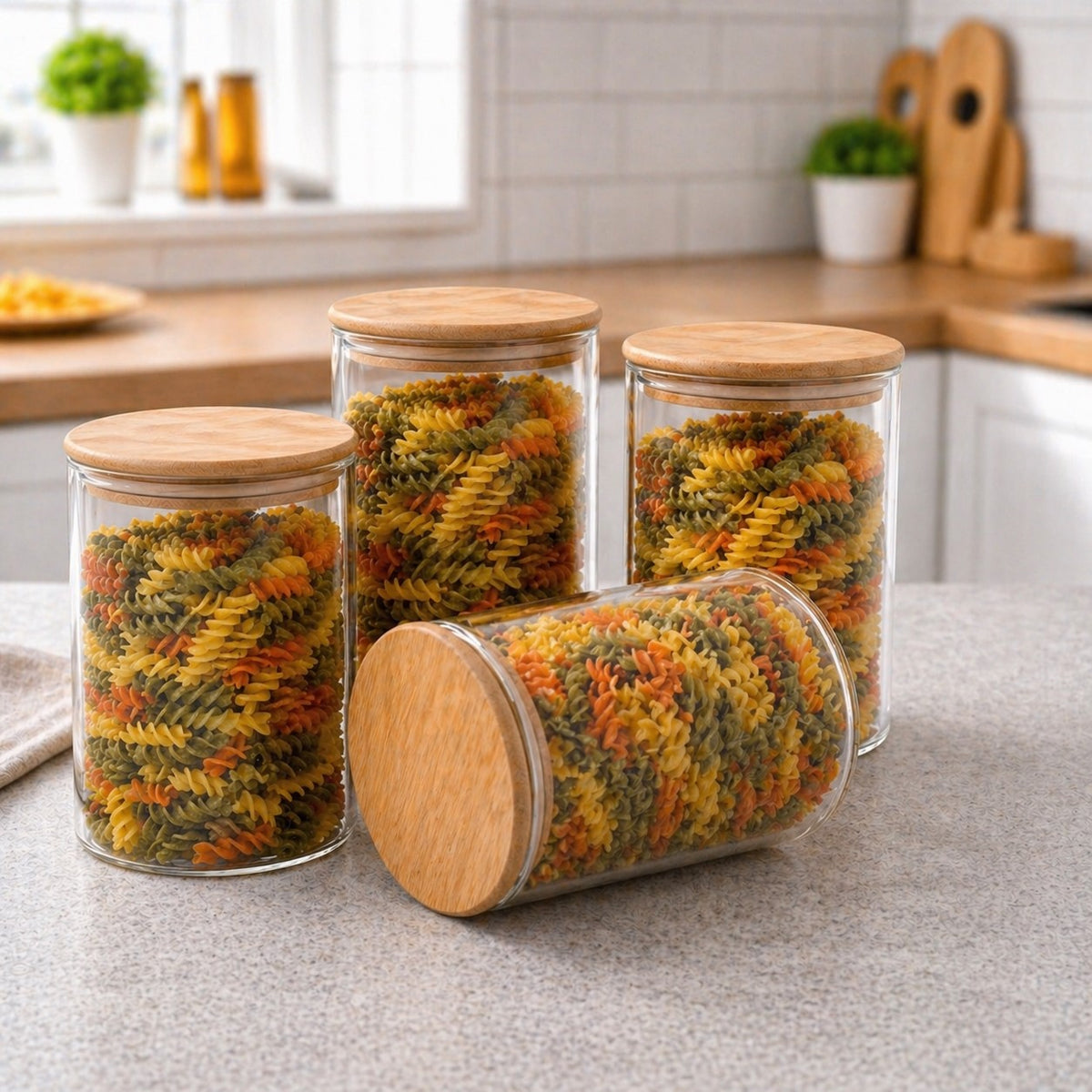 CP Glass Storage Containers Set of 4, 1050ML Each, Transparent Glass Kitchen Storage Jars with Lids, Pantry Organizer for Pasta, Cereals, Snacks, Pulses & Dry Fruits