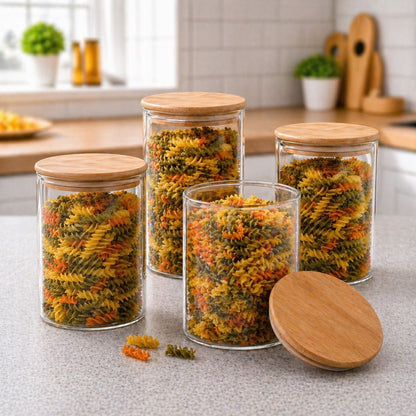 CP Glass Storage Containers Set of 4, 1050ML Each, Transparent Glass Kitchen Storage Jars with Lids, Pantry Organizer for Pasta, Cereals, Snacks, Pulses & Dry Fruits
