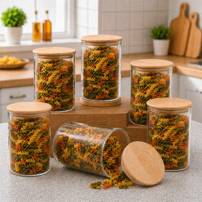 CP Crockery Premium 6 PCS Glass Storage Container Set 1050 ML | Multipurpose Kitchen Storage Jars with Lids for Food, Pasta, Coffee, Tea, Sugar & Dry Food Storage