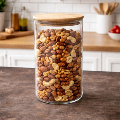 CP 1400ml Round Glass Storage Container with Natural Wooden Lid | Airtight Kitchen Storage Jar | Premium Glass Canister for Dry Fruits, Snacks, Cookies & Grocery Storage | Set of 1