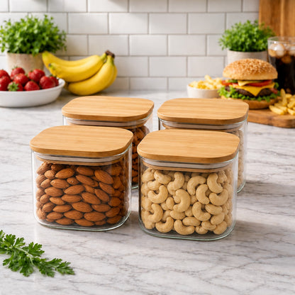 CP Glass Storage Containers Set of 4 | 450 ML Square Glass Container with Wooden Lids | Kitchen Pantry Organizer for Cookies, Dry Fruits, Snacks, Tea, Coffee, Sugar & Spices