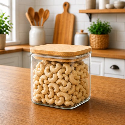 Airtight Square Glass Storage Jar 685ml | Wooden Lid Kitchen Container for Cookies, Snacks & Dry Fruits | Set of 1pc
